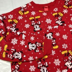 Mickey Mouse in RED santa hat WHITE scarf Christmas Sweatshirt snowflakes winter